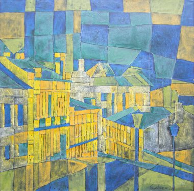 Ukrayna, Kyiv 'in merkezinin manzarası. Tuval üzerinde çok renkli akrilik resmin soyut arkaplanı. Tablonun ayrıntıları.