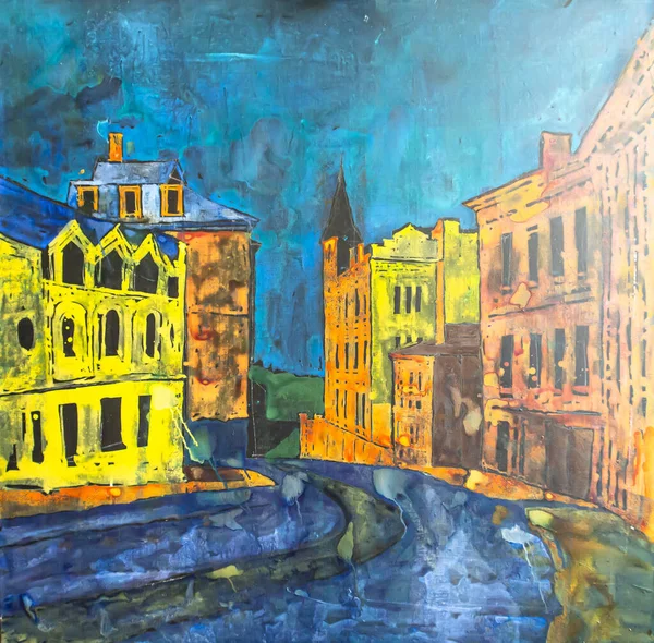 View of the center of Kyiv, Ukraine. Abstract background of multi-colored acrylic painting on canvas. Details of the painting.
