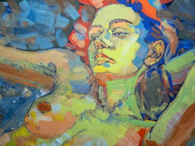 Tablo üzerinde akrilik. Güzel bir kızın resmi. Yatağa uzanmış güzel bir kadının resmini çizmek..