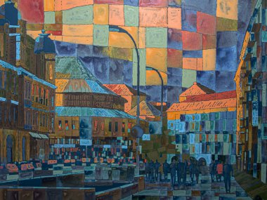 Tuval üzerinde soyut çok renkli akrilik resim. Ayrıntılar, tuvaldeki akrilik resmin dokusu. Geometrik resim. Ukrayna, Kyiv 'in merkezinin görüntüsü. 