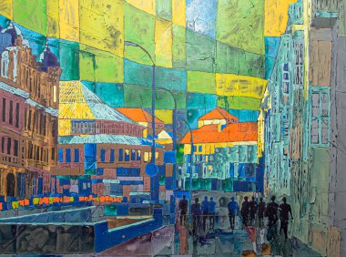 Tuval üzerinde soyut çok renkli akrilik resim. Ayrıntılar, tuvaldeki akrilik resmin dokusu. Geometrik resim. Ukrayna, Kyiv 'in merkezinin manzarası. İnsanlar sokakta yürüyorlar..