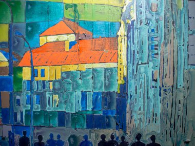 Tuval üzerinde soyut çok renkli akrilik resim. Ayrıntılar, tuvaldeki akrilik resmin dokusu. Geometrik resim. Ukrayna, Kyiv 'in merkezinin görüntüsü. 