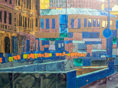 Tuval üzerinde soyut çok renkli akrilik resim. Ayrıntılar, tuvaldeki akrilik resmin dokusu. Geometrik resim. Ukrayna, Kyiv 'in merkezinin görüntüsü. 