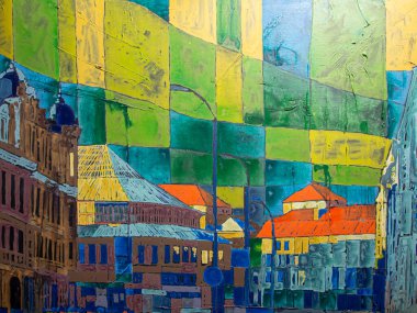 Tuval üzerinde soyut çok renkli akrilik resim. Ayrıntılar, tuvaldeki akrilik resmin dokusu. Geometrik resim. Ukrayna, Kyiv 'in merkezinin görüntüsü. 