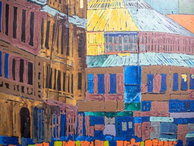 Tuval üzerinde soyut çok renkli akrilik resim. Ayrıntılar, tuvaldeki akrilik resmin dokusu. Geometrik resim. Ukrayna, Kyiv 'in merkezinin görüntüsü. 