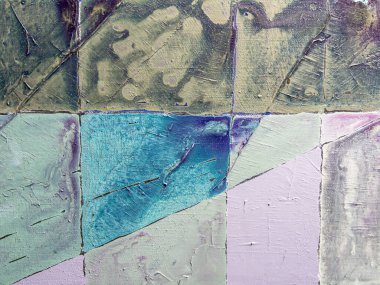 Tablo üzerindeki akrilik resmin çok renkli arkaplanı. Ayrıntılar, tuvaldeki akrilik resmin dokusu. Geometrik resim.