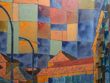 Tablo üzerindeki akrilik resmin çok renkli arkaplanı. Ayrıntılar, tuvaldeki akrilik resmin dokusu. Geometrik resim.