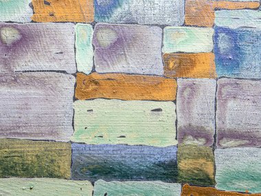 Tablo üzerindeki akrilik resmin çok renkli arkaplanı. Ayrıntılar, tuvaldeki akrilik resmin dokusu. Geometrik resim.