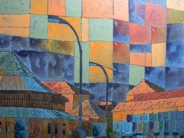 Tuval üzerinde soyut çok renkli akrilik resim. Ayrıntılar, tuvaldeki akrilik resmin dokusu. Geometrik resim. Ukrayna, Kyiv 'in merkezinin görüntüsü. 