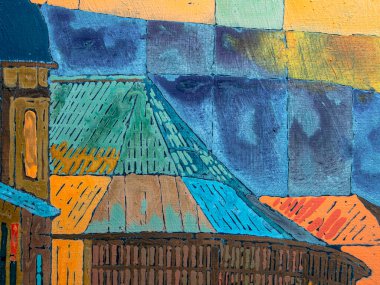 Tablo üzerindeki akrilik resmin çok renkli arkaplanı. Ayrıntılar, tuvaldeki akrilik resmin dokusu. Geometrik resim.