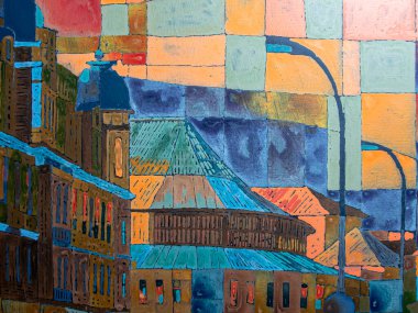 Tuval üzerinde soyut çok renkli akrilik resim. Ayrıntılar, tuvaldeki akrilik resmin dokusu. Geometrik resim. Ukrayna, Kyiv 'in merkezinin görüntüsü. 