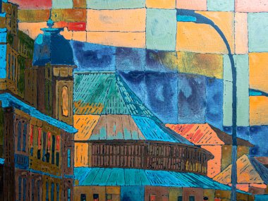 Tuval üzerinde soyut çok renkli akrilik resim. Ayrıntılar, tuvaldeki akrilik resmin dokusu. Geometrik resim. Ukrayna, Kyiv 'in merkezinin görüntüsü. 