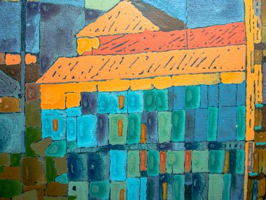 Tuval üzerinde soyut çok renkli akrilik resim. Ayrıntılar, tuvaldeki akrilik resmin dokusu. Geometrik resim. Ukrayna, Kyiv 'in merkezinin görüntüsü. 