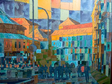 Tuval üzerinde soyut çok renkli akrilik resim. Ayrıntılar, tuvaldeki akrilik resmin dokusu. Geometrik resim. Ukrayna, Kyiv 'in merkezinin görüntüsü. 