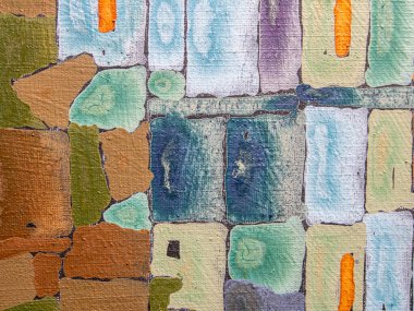 Tablo üzerindeki akrilik resmin çok renkli arkaplanı. Ayrıntılar, tuvaldeki akrilik resmin dokusu. Geometrik resim.