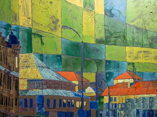 Tuval üzerinde soyut çok renkli akrilik resim. Ayrıntılar, tuvaldeki akrilik resmin dokusu. Geometrik resim. Ukrayna, Kyiv 'in merkezinin görüntüsü. 