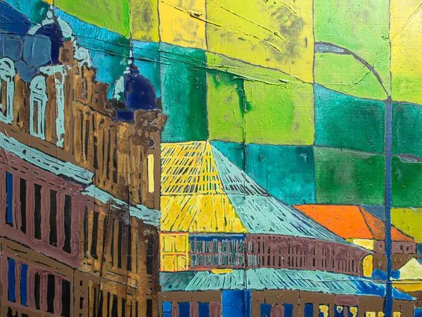 Abstract multicolored acrylic painting on canvas. Details, texture of the acrylic painting on canvas. Geometric art painting. View of the center of Kyiv, Ukraine.