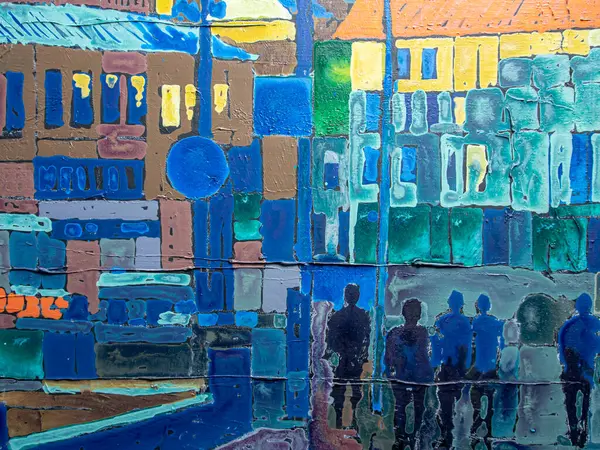 Abstract multicolored acrylic painting on canvas. Details, texture of the acrylic painting on canvas. Geometric art painting. View of the center of Kyiv, Ukraine. People are walking down the street.