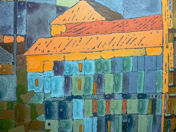 Tuval üzerinde soyut çok renkli akrilik resim. Ayrıntılar, tuvaldeki akrilik resmin dokusu. Geometrik resim. Ukrayna, Kyiv 'in merkezinin görüntüsü. 