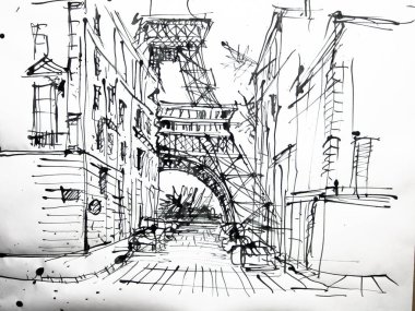Paris, France handmade illustration. Black and white drawing of Paris. Architectural sketch. clipart