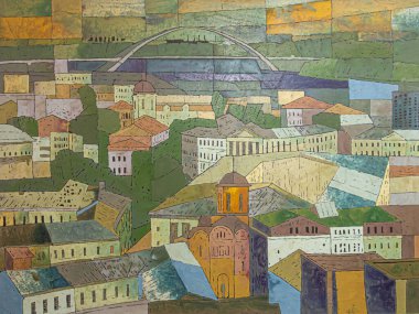 Şehrin ufuk çizgisi, eski kasabanın manzarası. Tuval üzerinde akrilik, soyut renkli çizimler. Şehir merkezi, çatıların manzarası. Kyiv, Ukrayna