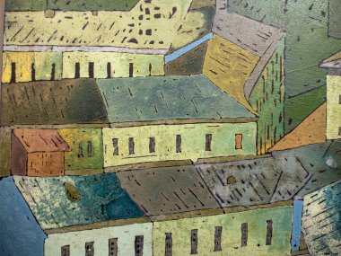 Şehrin ufuk çizgisi, eski kasabanın manzarası. Tuval üzerinde akrilik, soyut renkli çizimler. Şehir merkezi, çatıların manzarası. Kyiv, Ukrayna