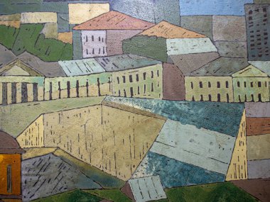 Şehrin ufuk çizgisi, eski kasabanın manzarası. Tuval üzerinde akrilik, soyut renkli çizimler. Şehir merkezi, çatıların manzarası. Kyiv, Ukrayna