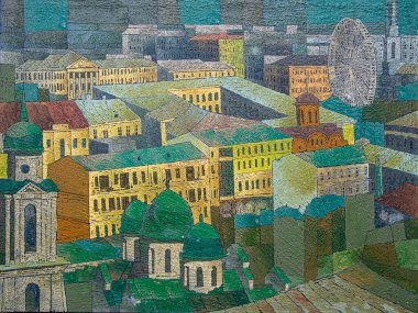Şehrin ufuk çizgisi, eski kasabanın manzarası. Tuval üzerinde akrilik, soyut renkli çizimler. Şehir merkezi, çatıların manzarası. Kyiv, Ukrayna