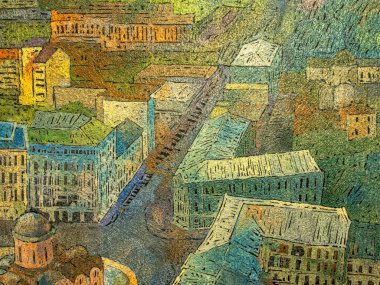 Şehrin ufuk çizgisi, eski kasabanın manzarası. Tuval üzerinde akrilik, soyut renkli çizimler. Şehir merkezi, çatıların manzarası. Kyiv, Ukrayna