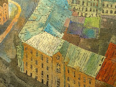 Şehrin ufuk çizgisi, eski kasabanın manzarası. Tuval üzerinde akrilik, soyut renkli çizimler. Şehir merkezi, çatıların manzarası. Kyiv, Ukrayna