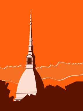 İtalya, Torino 'da günbatımı, kulesiyle. Vektör illüstrasyonu, Torino şehrinin sembolü.