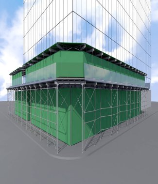 Boru iskelesi, kaldırım kulübesi ve New York, ABD 'de çatı koruması. Mimari 3d Görüntü. 