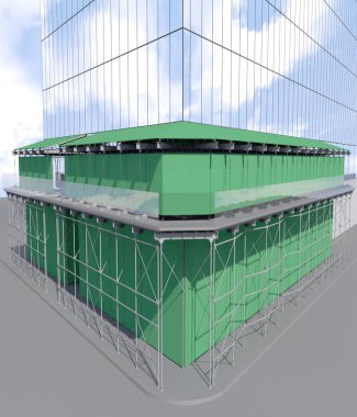 Boru iskelesi, kaldırım kulübesi ve New York, ABD 'de çatı koruması. Mimari 3d Görüntü. 