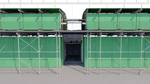 Boru iskelesi, kaldırım kulübesi ve New York, ABD 'de çatı koruması. Mimari 3d Görüntü. 