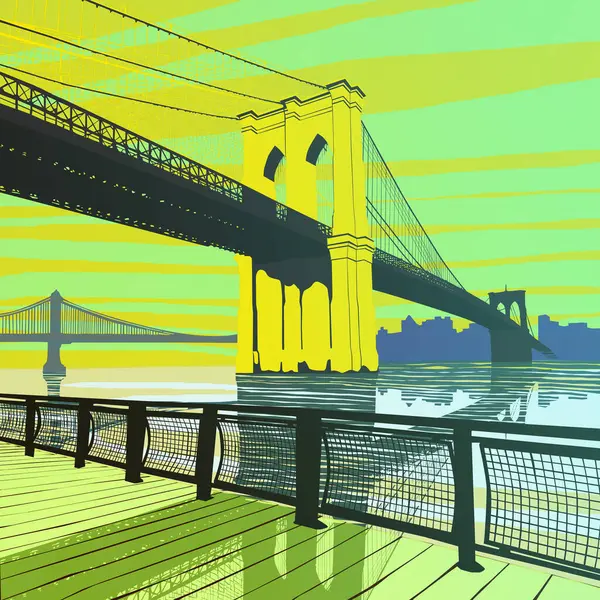 New York ve Brooklyn Köprüsü veya East River Köprüsü, ABD. Brooklyn Köprüsü 'nde görüntü, illüstrasyon.