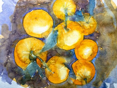 Yeşil yapraklı portakallar, kağıt üzerinde suluboya. Suluboya resim dokusu, portakal meyvesi çizimleri..