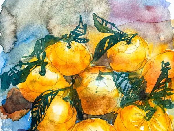 Yeşil yapraklı portakallar, kağıt üzerinde suluboya. Suluboya resim dokusu, portakal meyvesi çizimleri..