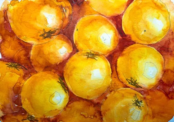  Bir grup portakal, kağıt üzerinde suluboya. Suluboya resim dokusu, portakal meyvesi çizimleri..