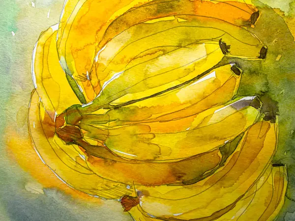 El yapımı muz çizimi, kağıt üzerinde suluboya. Suluboya resim dokusu, muz çizimleri, tropikal meyve çizimleri..