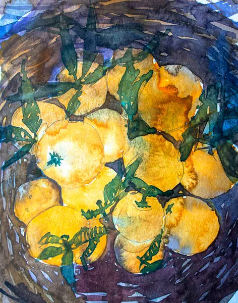 Yeşil yapraklı portakallar, kağıt üzerinde suluboya. Suluboya resim dokusu, portakal meyvesi çizimleri..