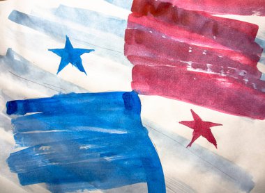 Panama bayrağı. Suluboya el yapımı resimleme. Kağıt üzerinde Panama bayrağının suluboya çizimi.