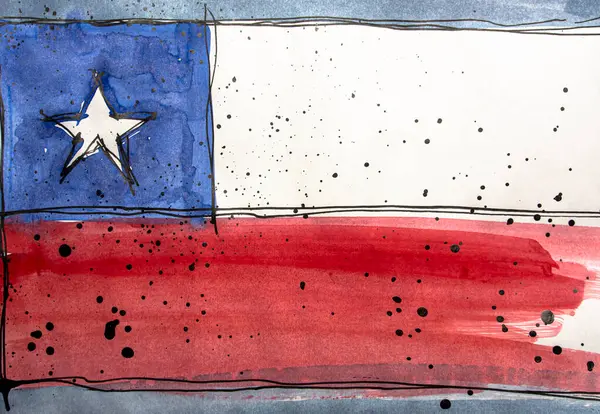 Şili bayrağı. Suluboya el yapımı resimleme. Kağıt üzerinde Şili bayrağının suluboya çizimi. 