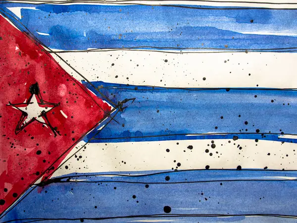 Küba bayrağı. Suluboya el yapımı resimleme. Kağıt üzerine Küba bayrağının suluboya çizimi. 