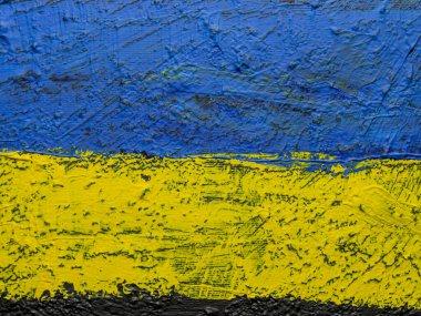 Fırça boyalı bayrak, Ukrayna 'nın el yapımı bayrağı. Tablo üzerinde soyut akrilik resim.