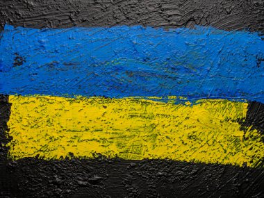 Fırça boyalı bayrak, Ukrayna 'nın el yapımı bayrağı. Tablo üzerinde soyut akrilik resim.