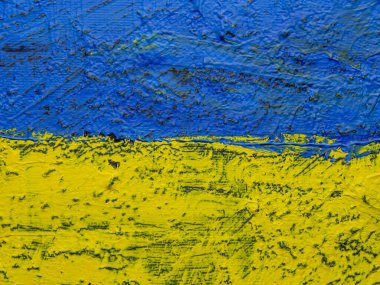 Fırça boyalı bayrak, Ukrayna 'nın el yapımı bayrağı. Tablo üzerinde soyut akrilik resim.