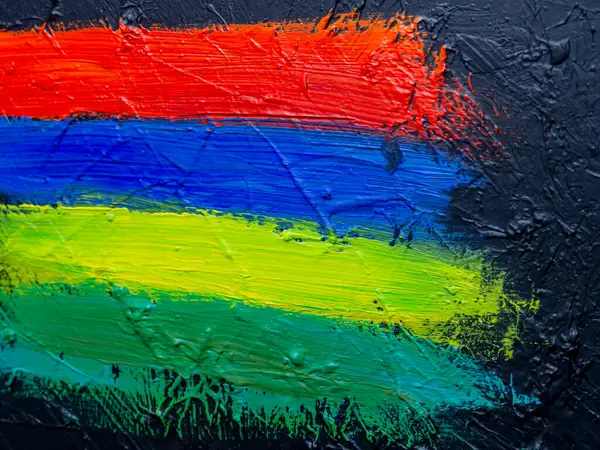 Fırça boyalı bayrak, Mauritius Cumhuriyeti 'nin el yapımı bayrağı. Tablo üzerinde soyut akrilik resim.