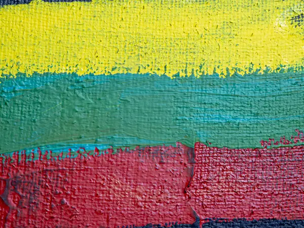 Litvanya Cumhuriyeti. Fırça boyalı bayrak, el yapımı Litvanya bayrağı. Tablo üzerinde soyut akrilik resim.