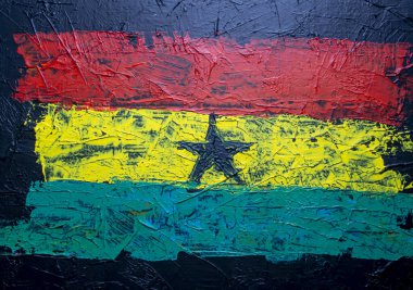 Gana. Fırça boyalı bayrak, Gana Cumhuriyeti 'nin el yapımı bayrağı. Donmuş suluboya Gana Cumhuriyeti bayrağını boyadı. Tablo üzerinde soyut akrilik resim.