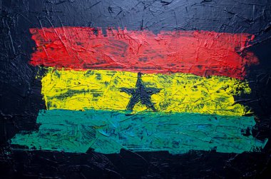 Gana. Fırça boyalı bayrak, Gana Cumhuriyeti 'nin el yapımı bayrağı. Donmuş suluboya Gana Cumhuriyeti bayrağını boyadı. Tablo üzerinde soyut akrilik resim.